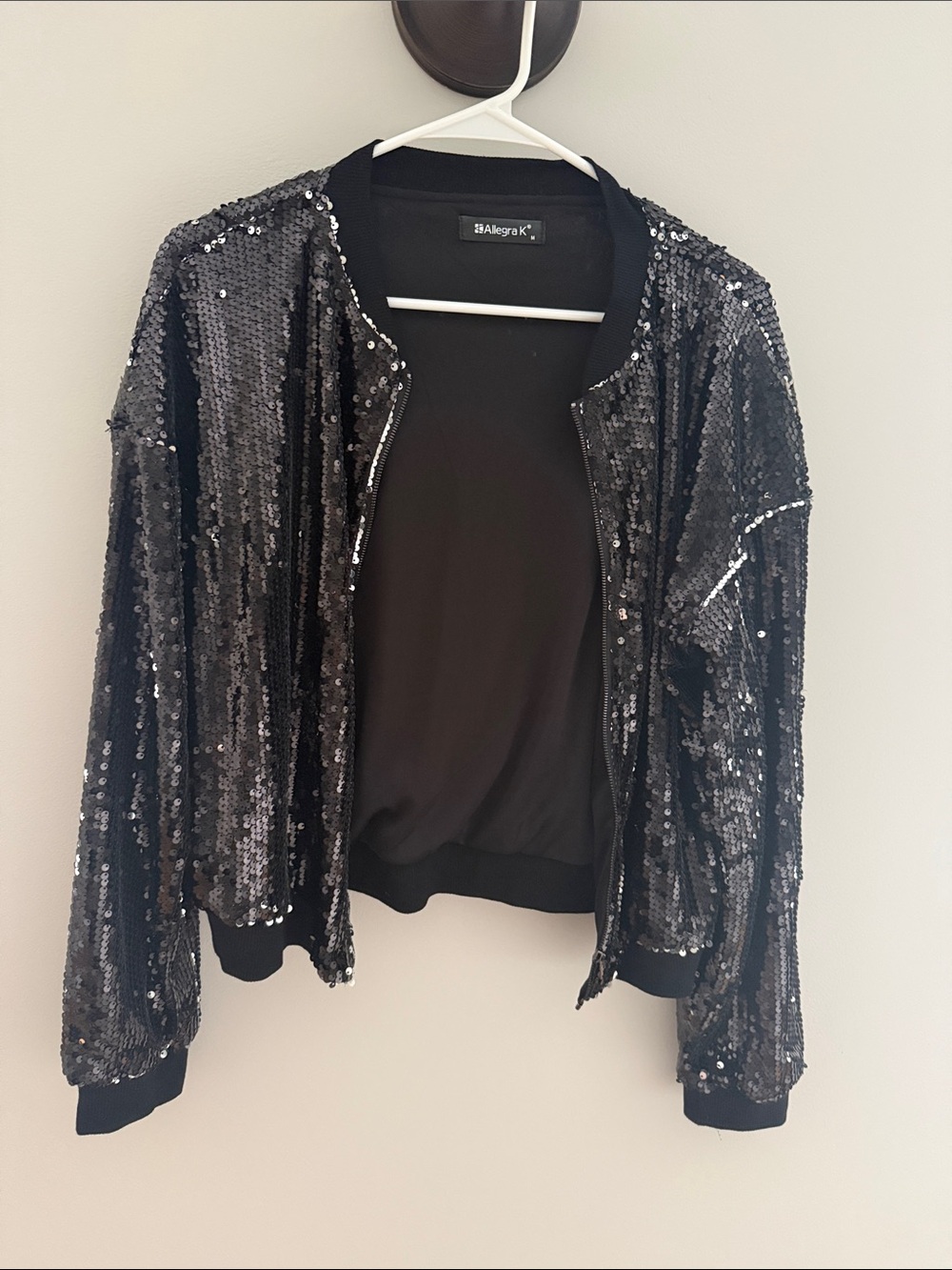 Allegra K Black Sequin Bomber Jacket